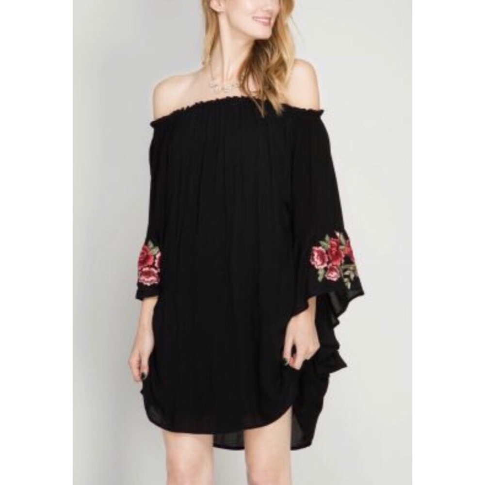 Black Off Shoulder Dress Embroidered Red Roses